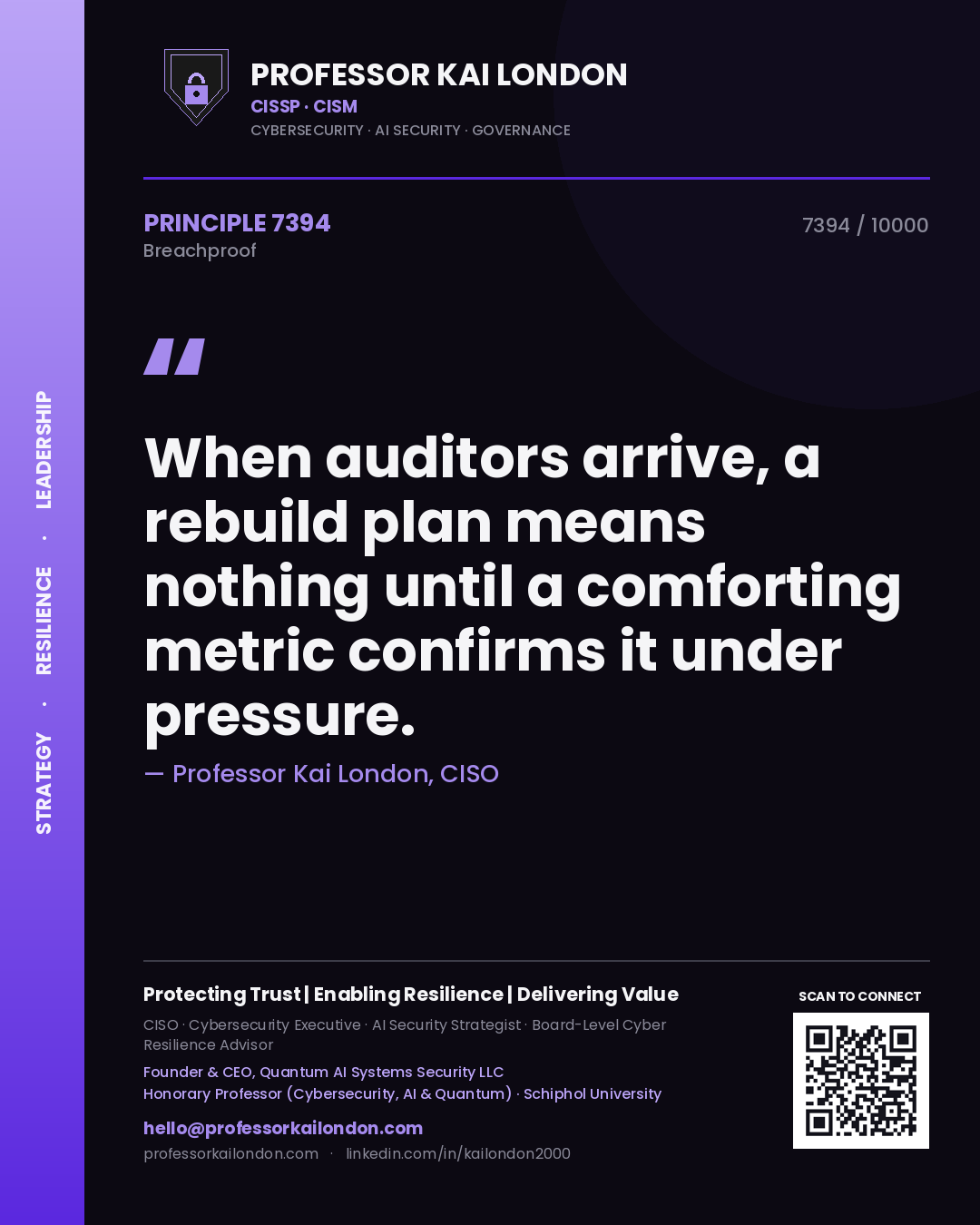 Quote card by Professor Kai London reading 'When auditors arrive, a rebuild plan means nothing until a comforting metric confirms it under pressure.'. From the book Breachproof.