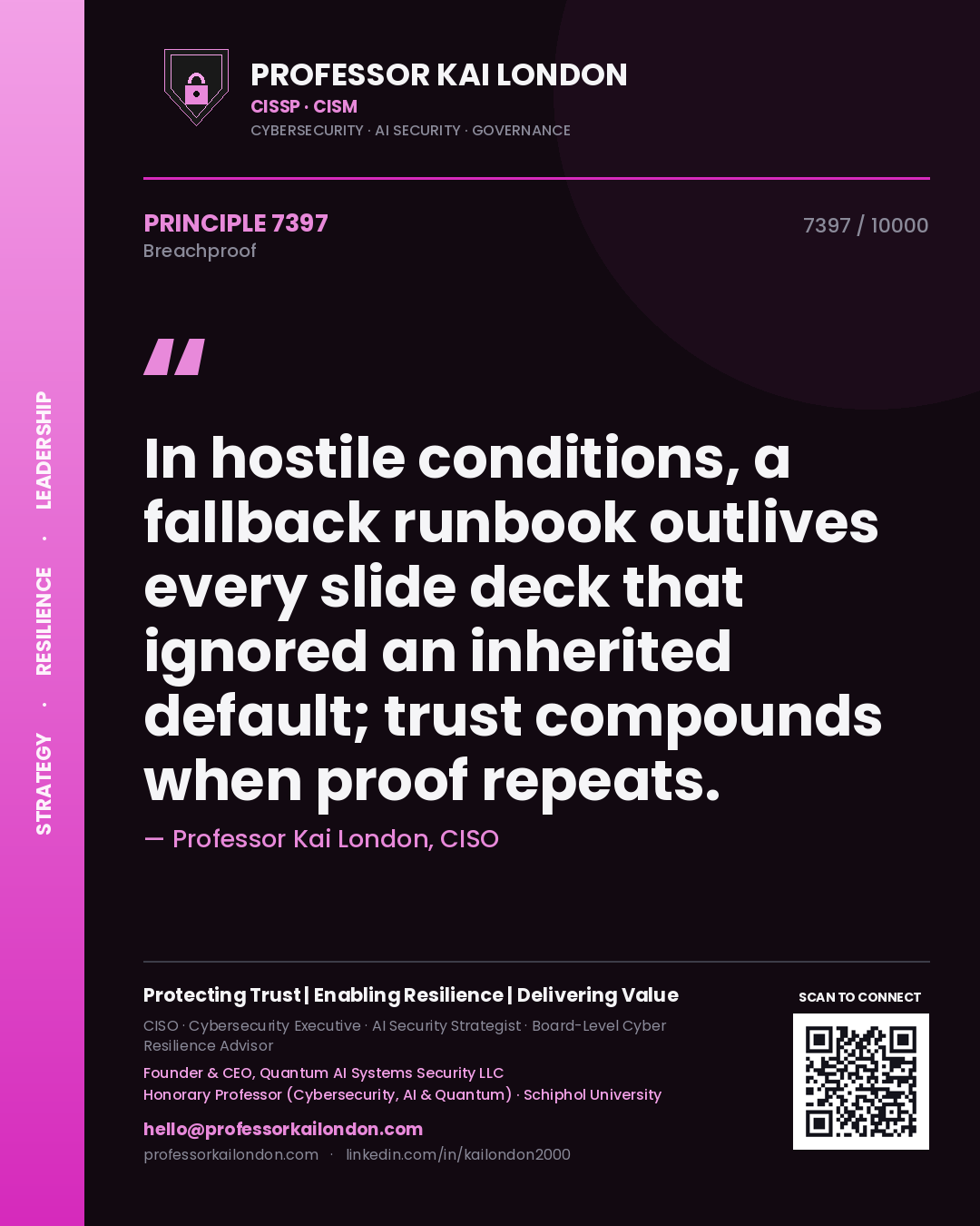 Quote card by Professor Kai London reading 'In hostile conditions, a fallback runbook outlives every slide deck that ignored an inherited default; trust compounds when proof repeats.'. From the book Breachproof.