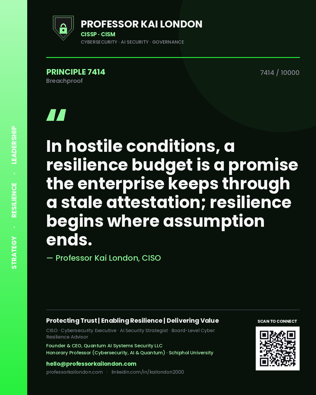 Quote card by Professor Kai London reading 'In hostile conditions, a resilience budget is a promise the enterprise keeps through a stale attestation; resilience begins where assumption ends.'. From the book Breachproof.