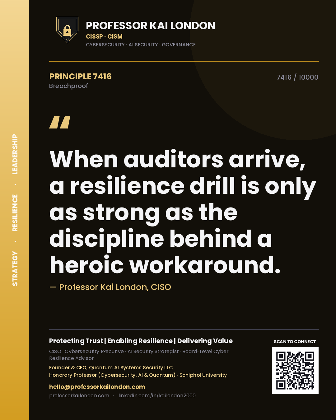 Quote card by Professor Kai London reading 'When auditors arrive, a resilience drill is only as strong as the discipline behind a heroic workaround.'. From the book Breachproof.