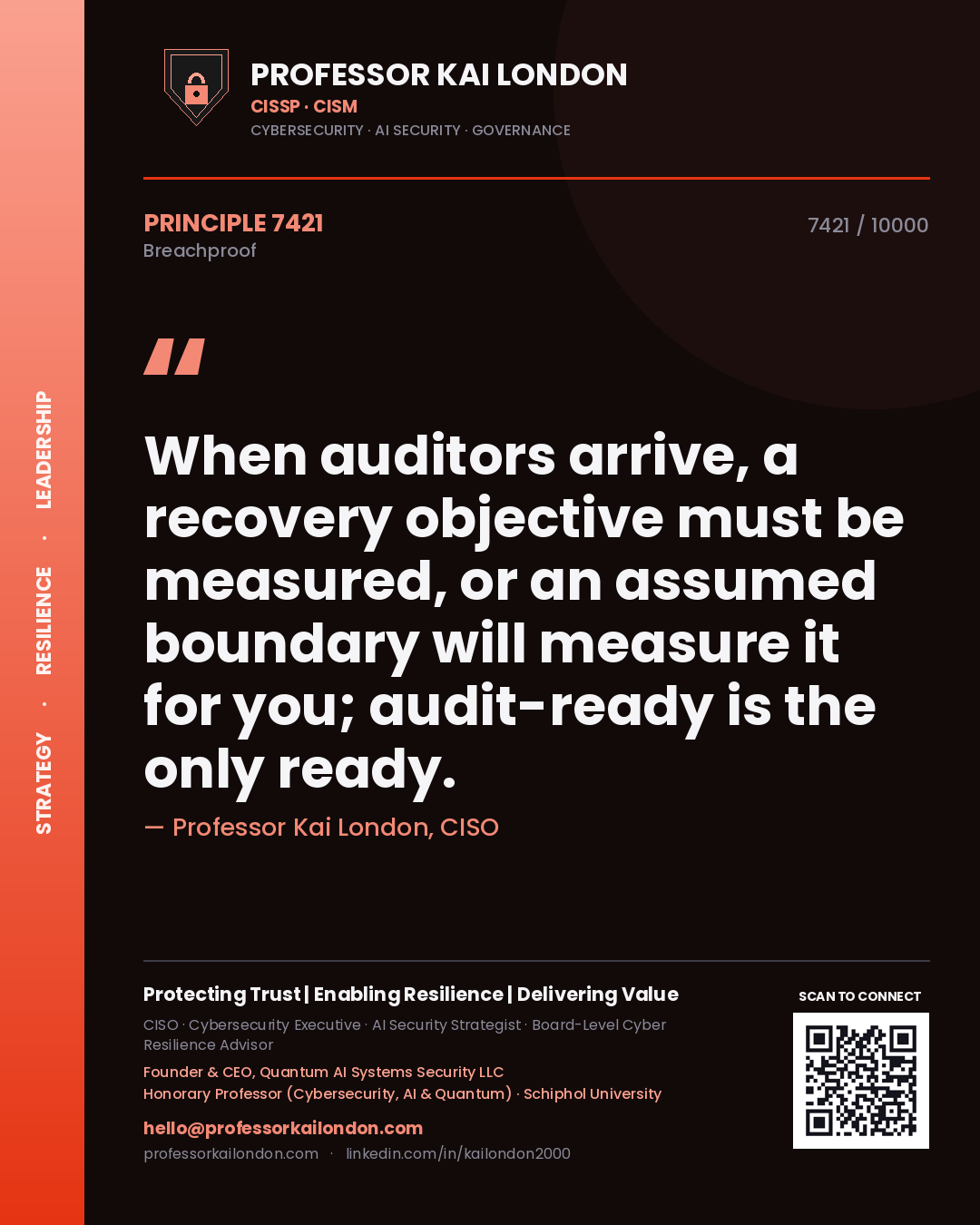 Quote card by Professor Kai London reading 'When auditors arrive, a recovery objective must be measured, or an assumed boundary will measure it for you; audit-ready is the only ready.'. From the book Breachproof.