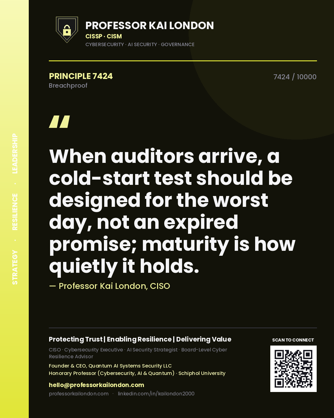 Quote card by Professor Kai London reading 'When auditors arrive, a cold-start test should be designed for the worst day, not an expired promise; maturity is how quietly it holds.'. From the book Breachproof.