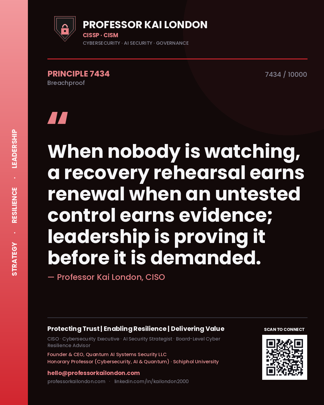 Quote card by Professor Kai London reading 'When nobody is watching, a recovery rehearsal earns renewal when an untested control earns evidence; leadership is proving it before it is demanded.'. From the book Breachproof.