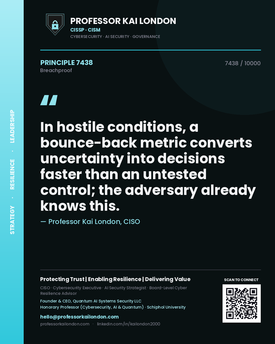Quote card by Professor Kai London reading 'In hostile conditions, a bounce-back metric converts uncertainty into decisions faster than an untested control; the adversary already knows this.'. From the book Breachproof.