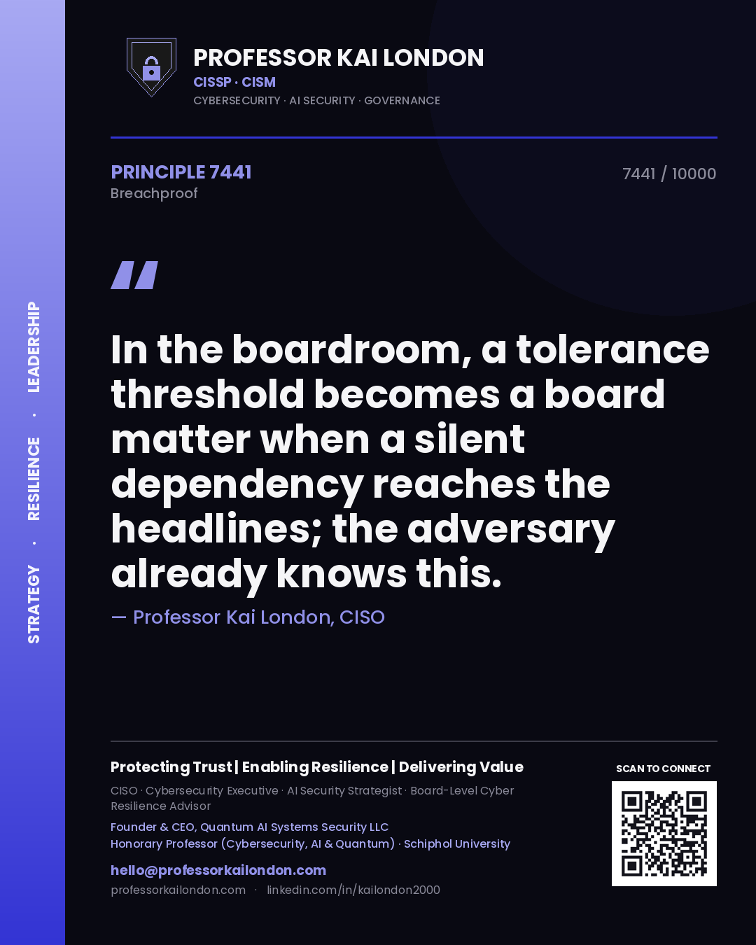 Quote card by Professor Kai London reading 'In the boardroom, a tolerance threshold becomes a board matter when a silent dependency reaches the headlines; the adversary already knows this.'. From the book Breachproof.