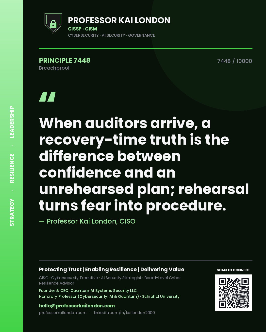 Quote card by Professor Kai London reading 'When auditors arrive, a recovery-time truth is the difference between confidence and an unrehearsed plan; rehearsal turns fear into procedure.'. From the book Breachproof.