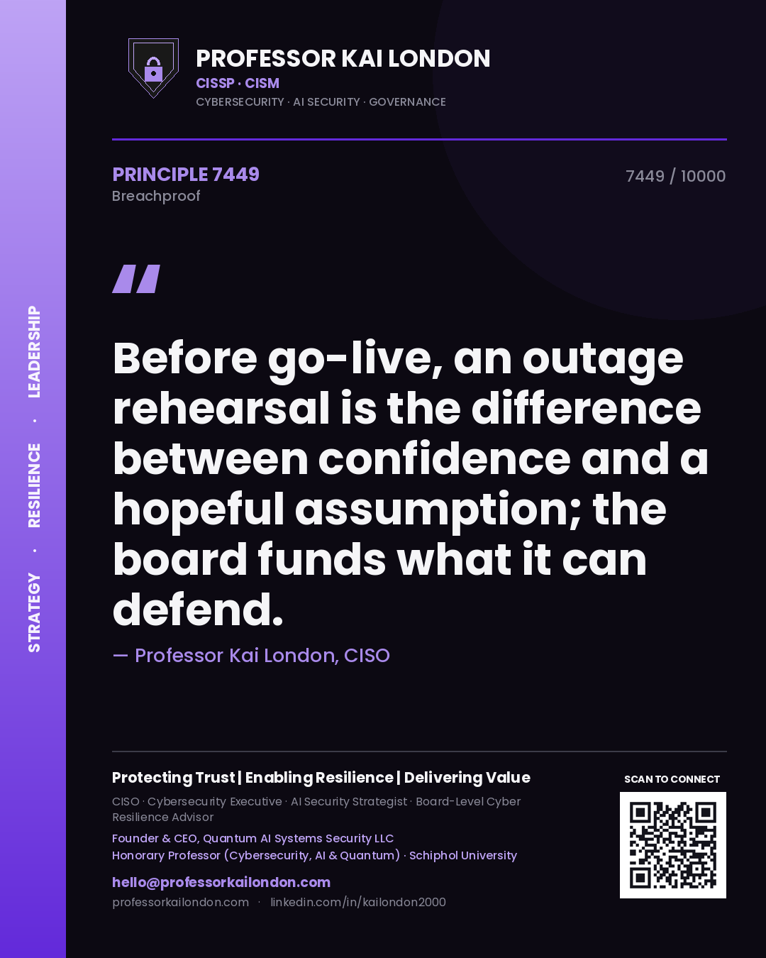 Quote card by Professor Kai London reading 'Before go-live, an outage rehearsal is the difference between confidence and a hopeful assumption; the board funds what it can defend.'. From the book Breachproof.
