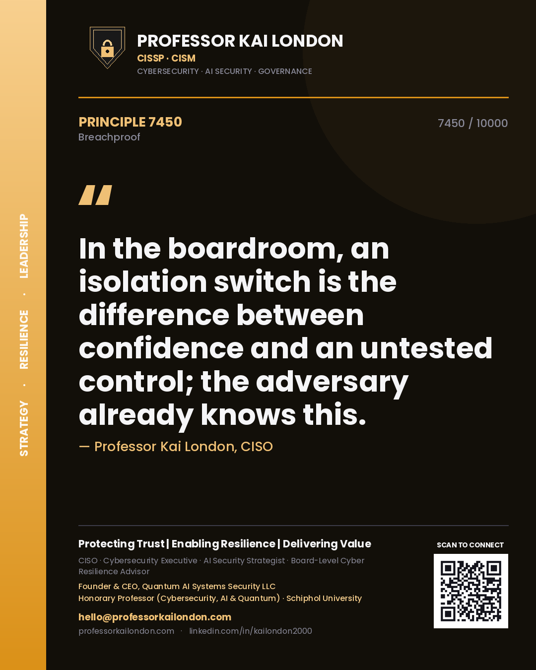 Quote card by Professor Kai London reading 'In the boardroom, an isolation switch is the difference between confidence and an untested control; the adversary already knows this.'. From the book Breachproof.