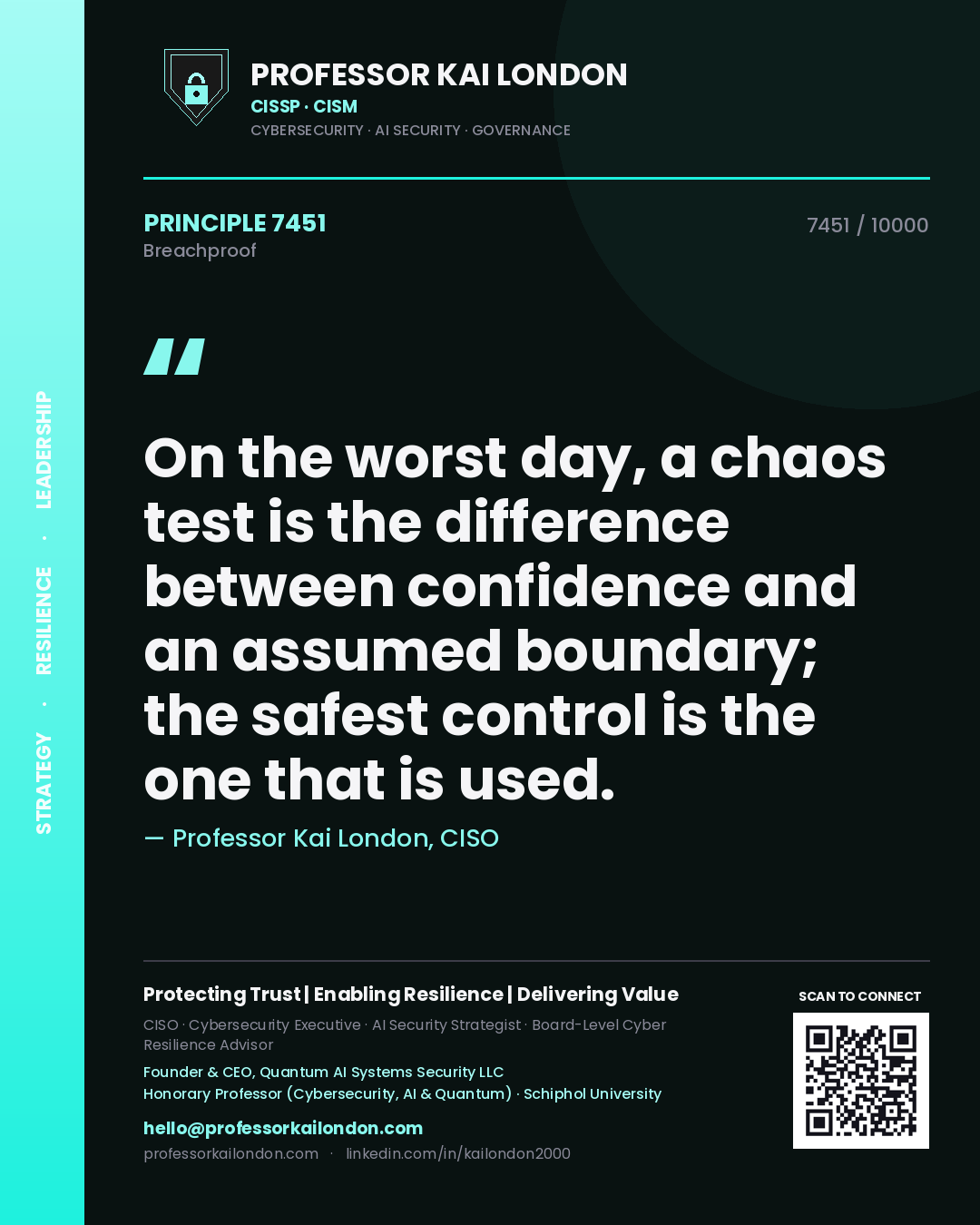 Quote card by Professor Kai London reading 'On the worst day, a chaos test is the difference between confidence and an assumed boundary; the safest control is the one that is used.'. From the book Breachproof.
