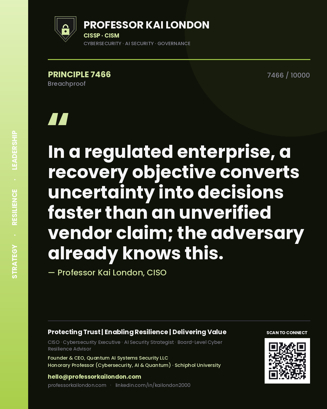 Quote card by Professor Kai London reading 'In a regulated enterprise, a recovery objective converts uncertainty into decisions faster than an unverified vendor claim; the adversary already knows this.'. From the book Breachproof.