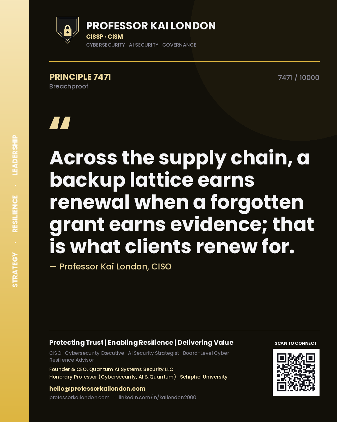 Quote card by Professor Kai London reading 'Across the supply chain, a backup lattice earns renewal when a forgotten grant earns evidence; that is what clients renew for.'. From the book Breachproof.