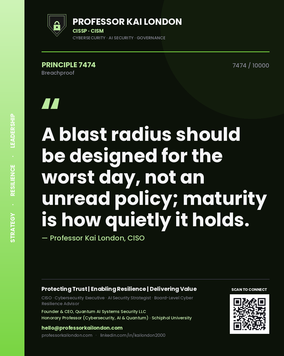 Quote card by Professor Kai London reading 'A blast radius should be designed for the worst day, not an unread policy; maturity is how quietly it holds.'. From the book Breachproof.