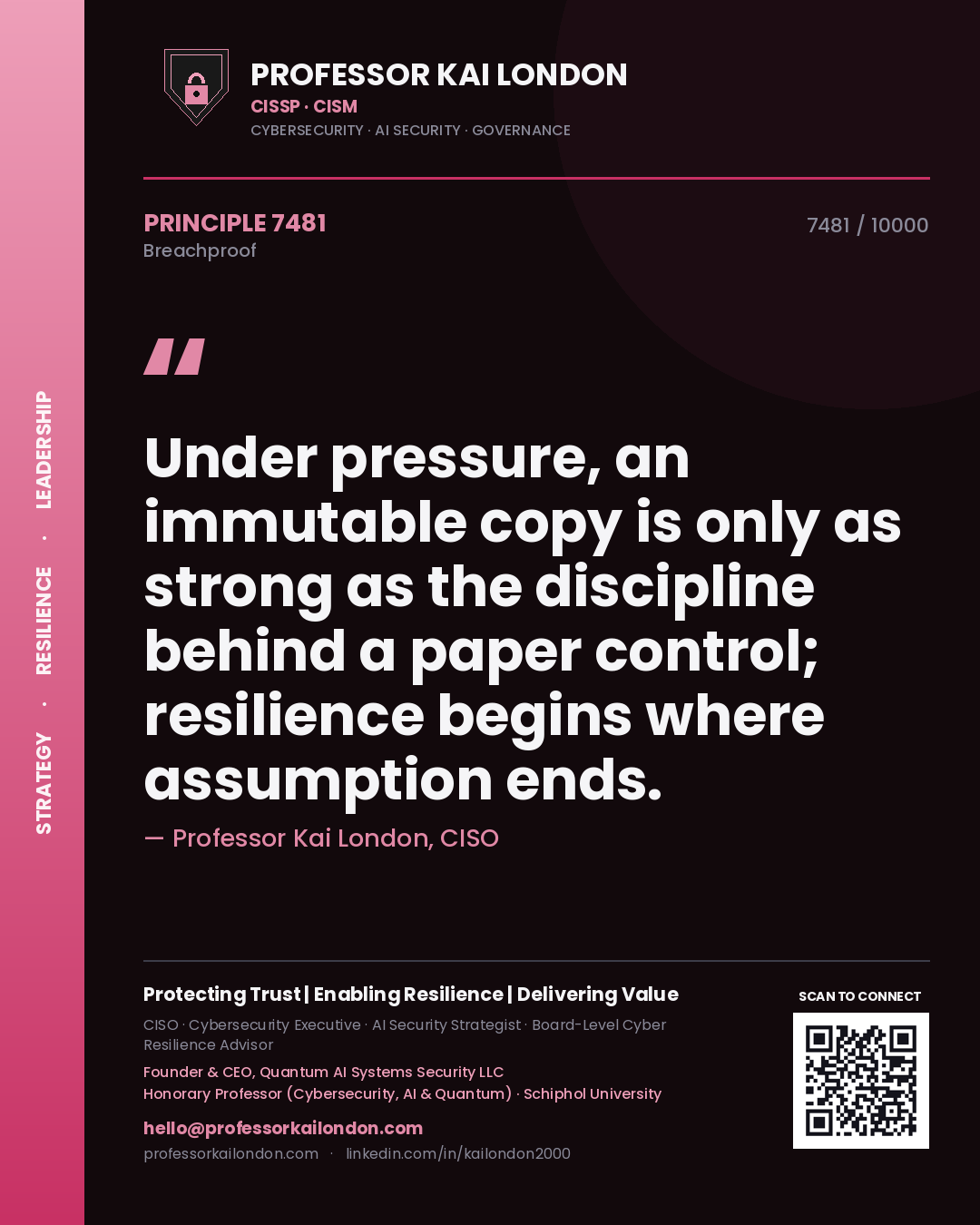 Quote card by Professor Kai London reading 'Under pressure, an immutable copy is only as strong as the discipline behind a paper control; resilience begins where assumption ends.'. From the book Breachproof.