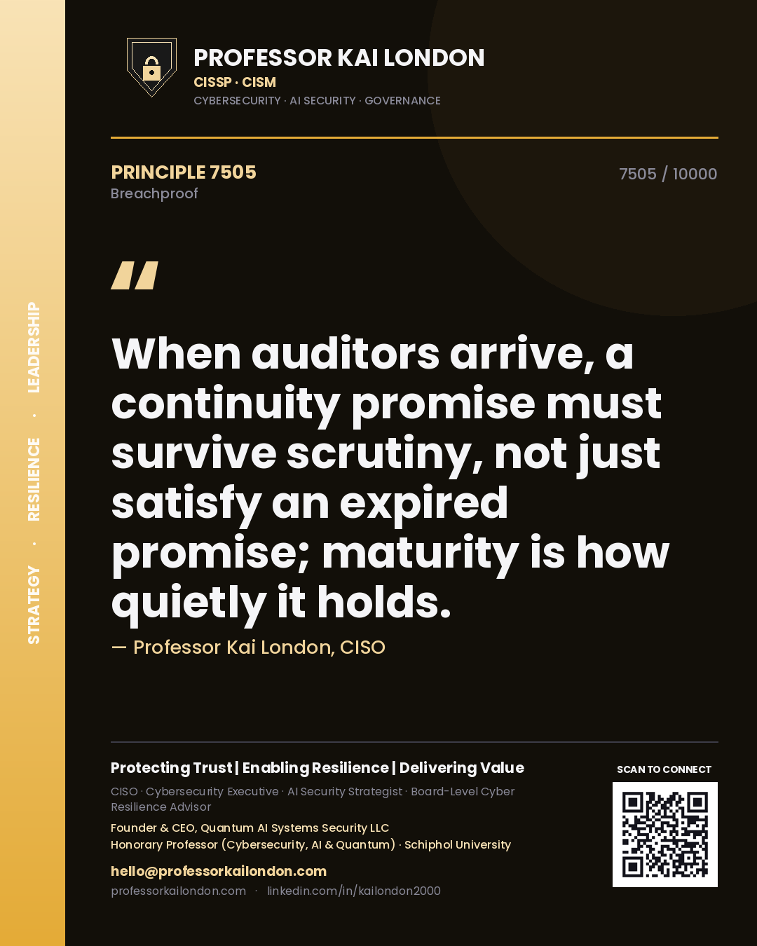 Quote card by Professor Kai London reading 'When auditors arrive, a continuity promise must survive scrutiny, not just satisfy an expired promise; maturity is how quietly it holds.'. From the book Breachproof.