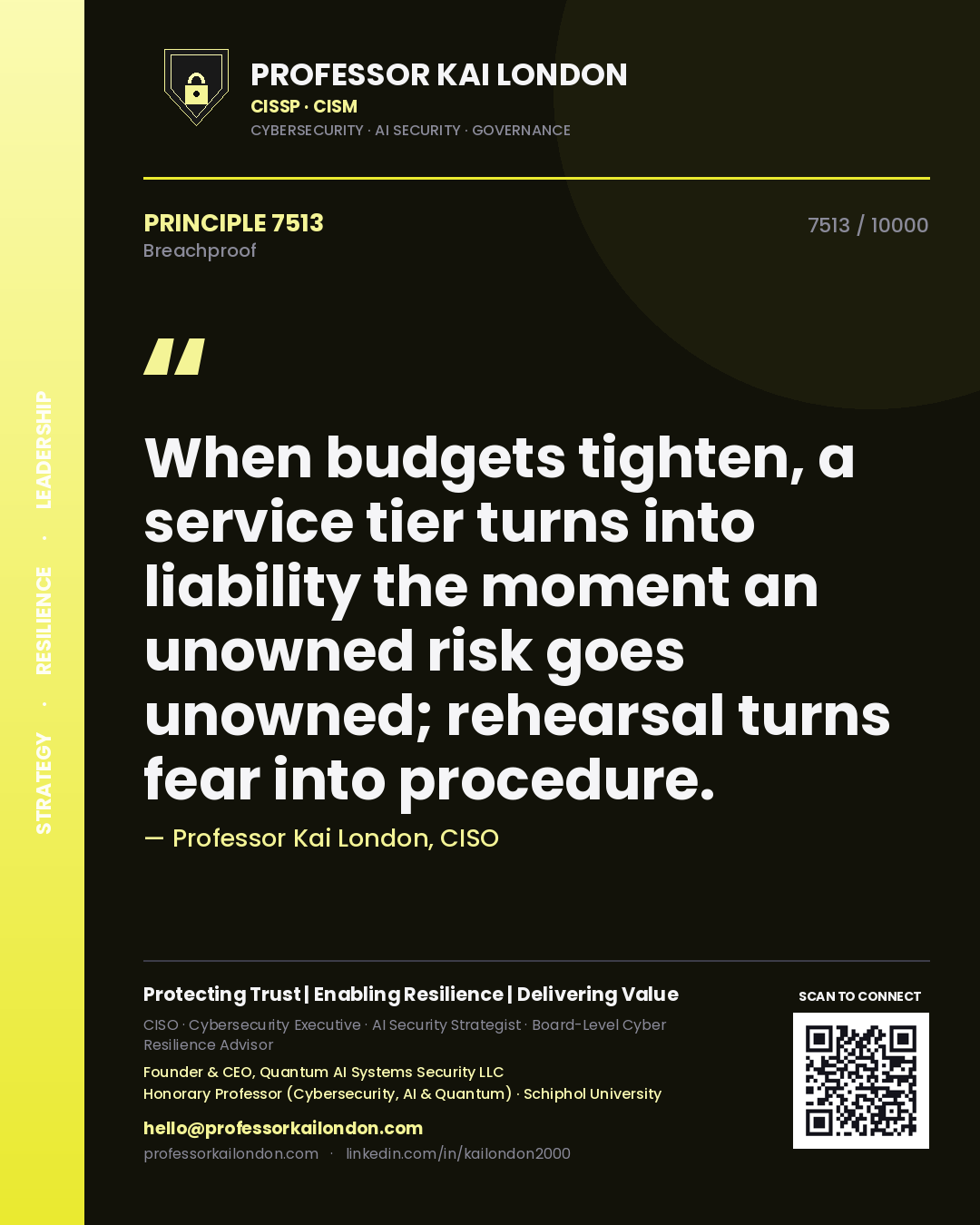 Quote card by Professor Kai London reading 'When budgets tighten, a service tier turns into liability the moment an unowned risk goes unowned; rehearsal turns fear into procedure.'. From the book Breachproof.