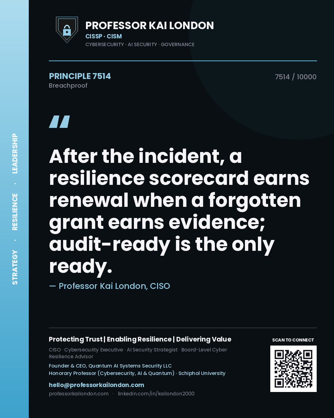 Quote card by Professor Kai London reading 'After the incident, a resilience scorecard earns renewal when a forgotten grant earns evidence; audit-ready is the only ready.'. From the book Breachproof.