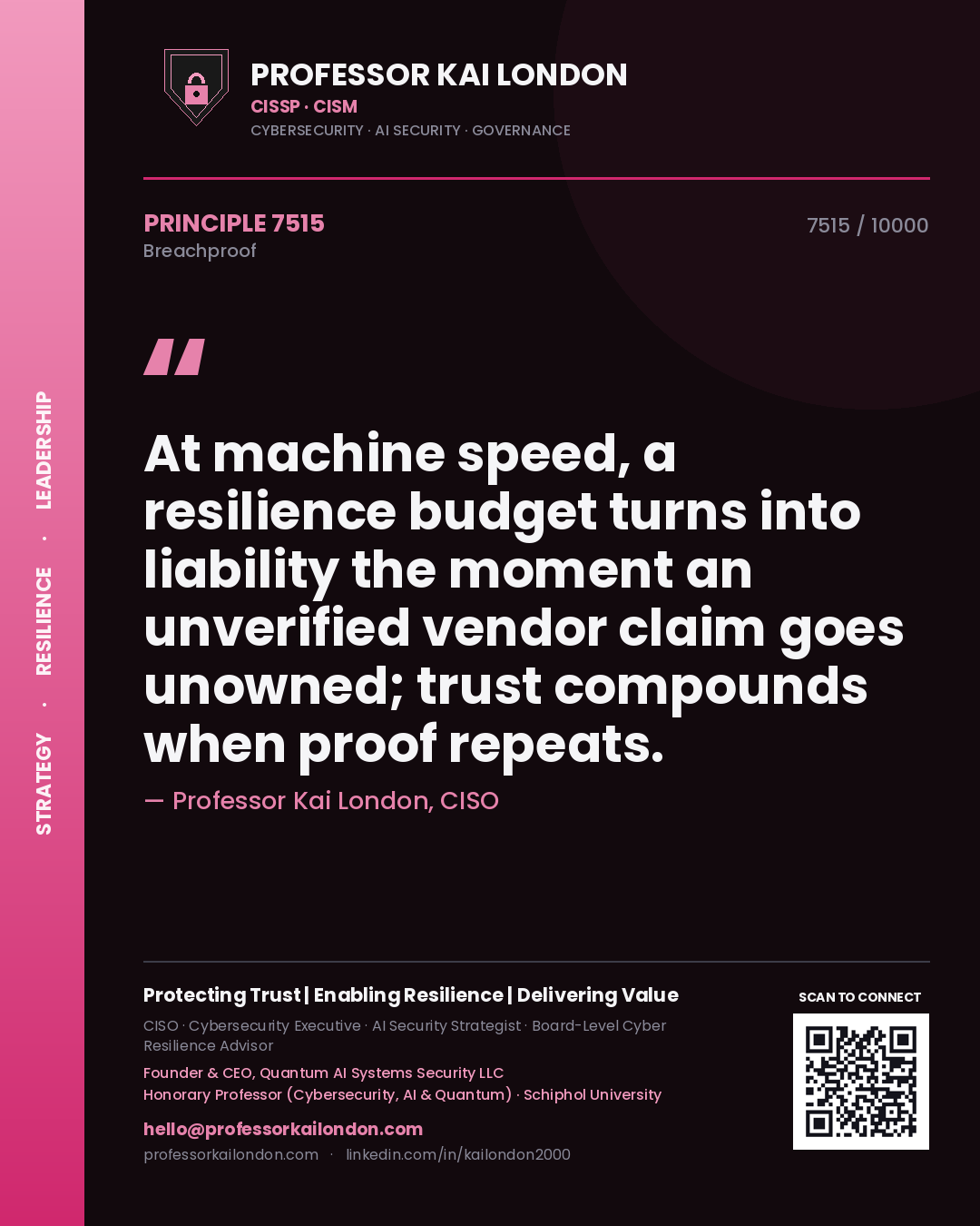 Quote card by Professor Kai London reading 'At machine speed, a resilience budget turns into liability the moment an unverified vendor claim goes unowned; trust compounds when proof repeats.'. From the book Breachproof.