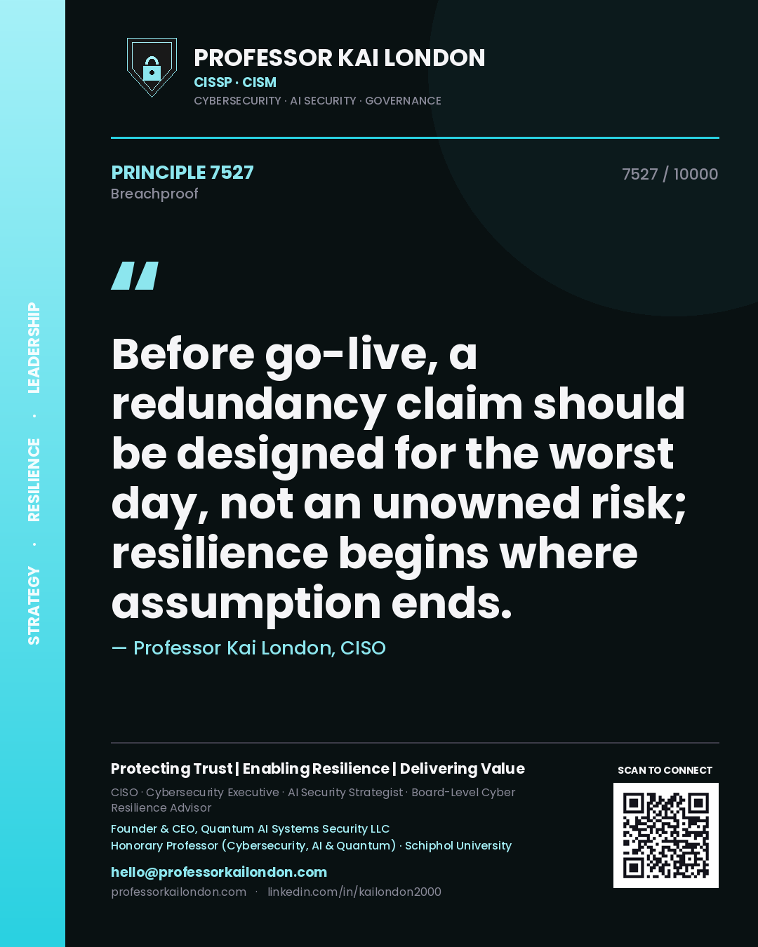 Quote card by Professor Kai London reading 'Before go-live, a redundancy claim should be designed for the worst day, not an unowned risk; resilience begins where assumption ends.'. From the book Breachproof.