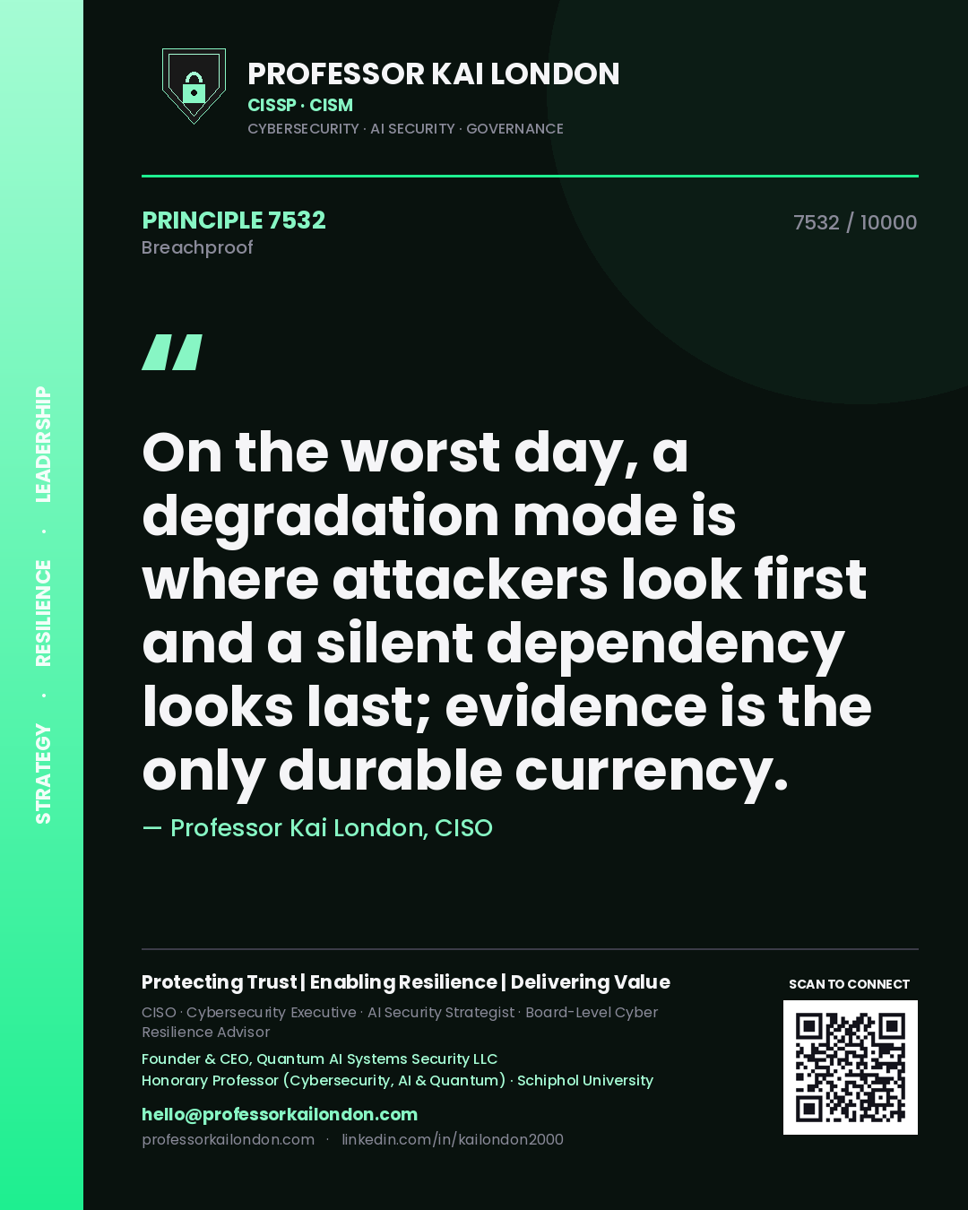 Quote card by Professor Kai London reading 'On the worst day, a degradation mode is where attackers look first and a silent dependency looks last; evidence is the only durable currency.'. From the book Breachproof.