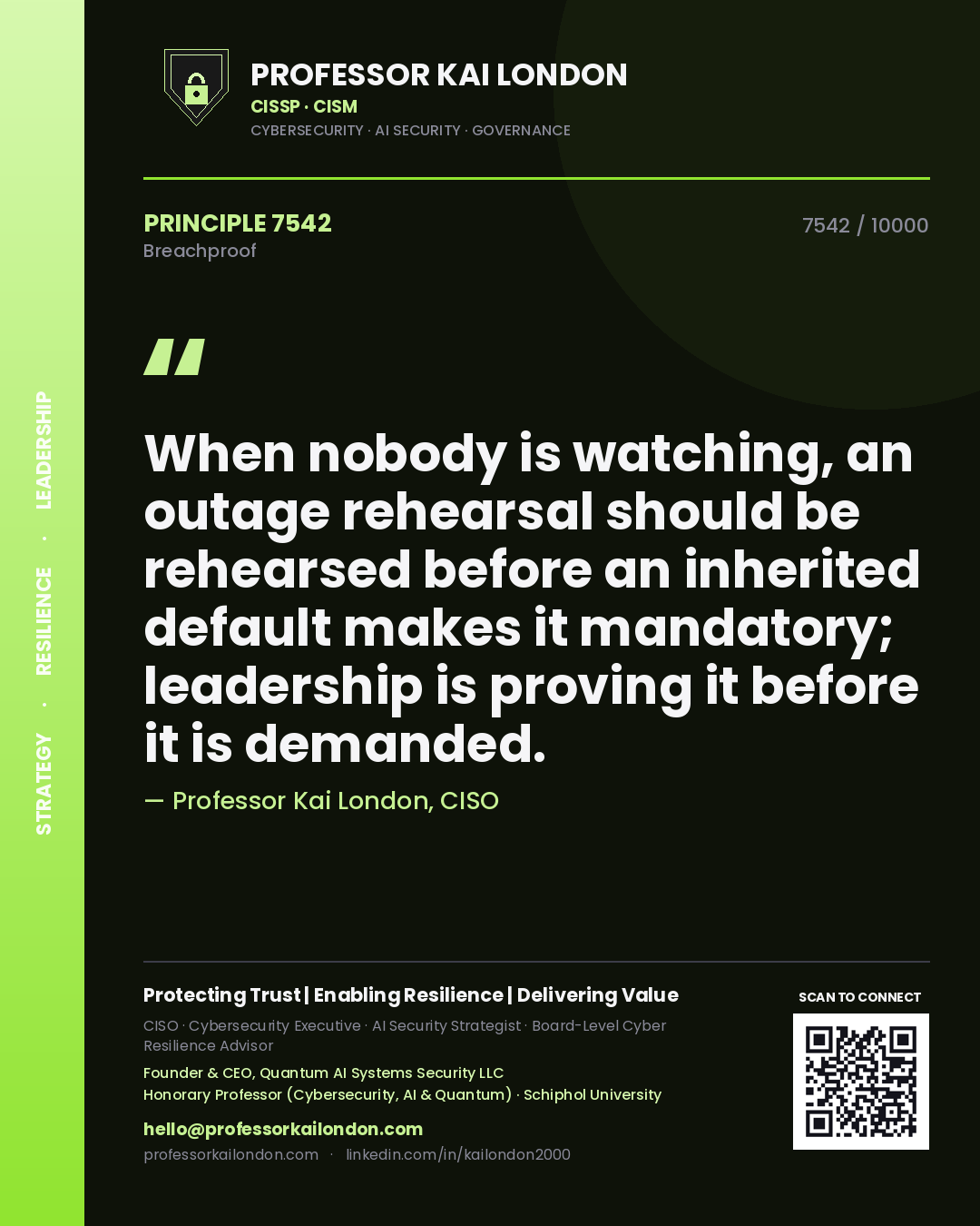 Quote card by Professor Kai London reading 'When nobody is watching, an outage rehearsal should be rehearsed before an inherited default makes it mandatory; leadership is proving it before it is demanded.'. From the book Breachproof.