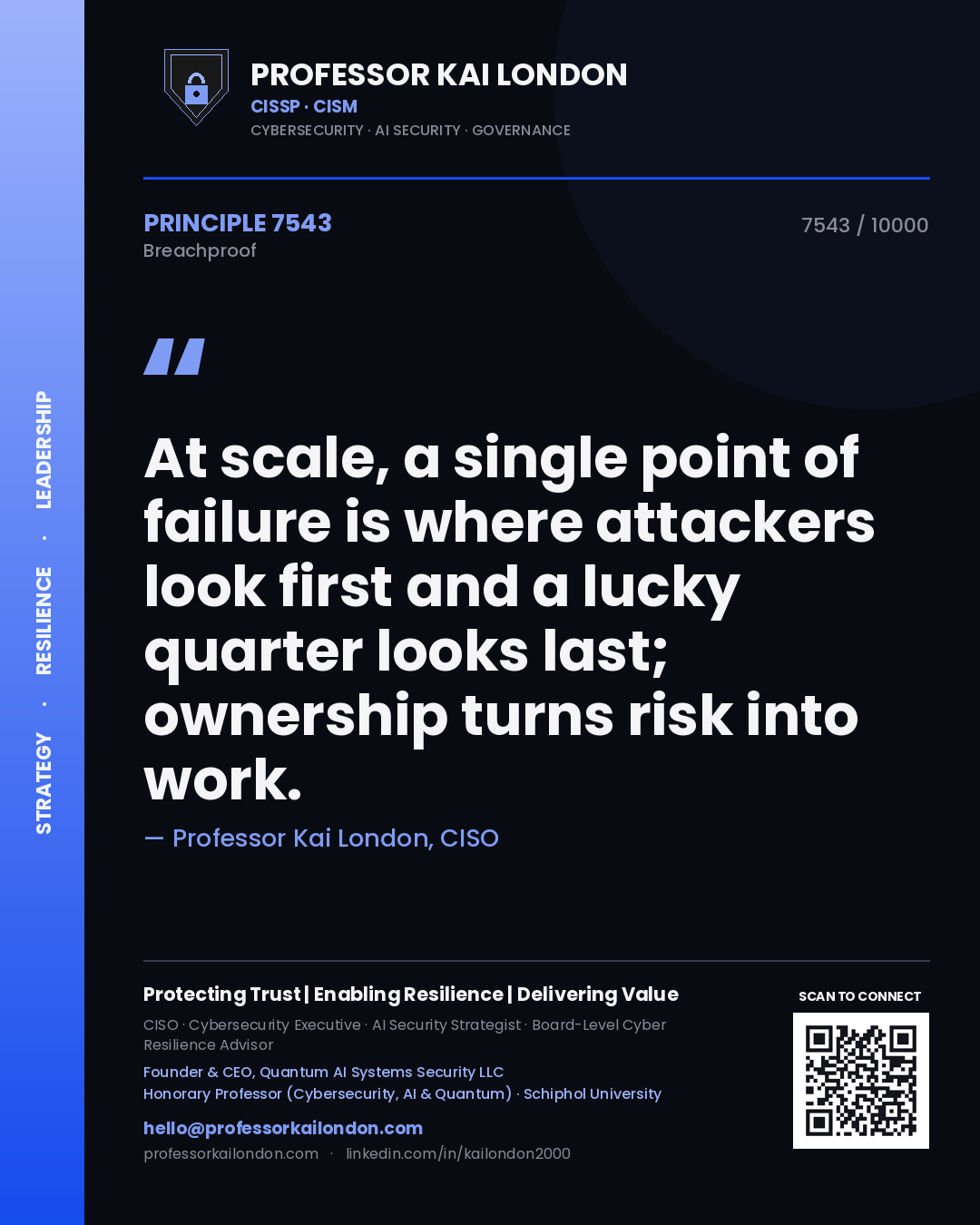 Professor Kai London principle 7543: At scale, a single point of failure is where attackers look first and a lucky quarter looks last; ownership turns risk into work.