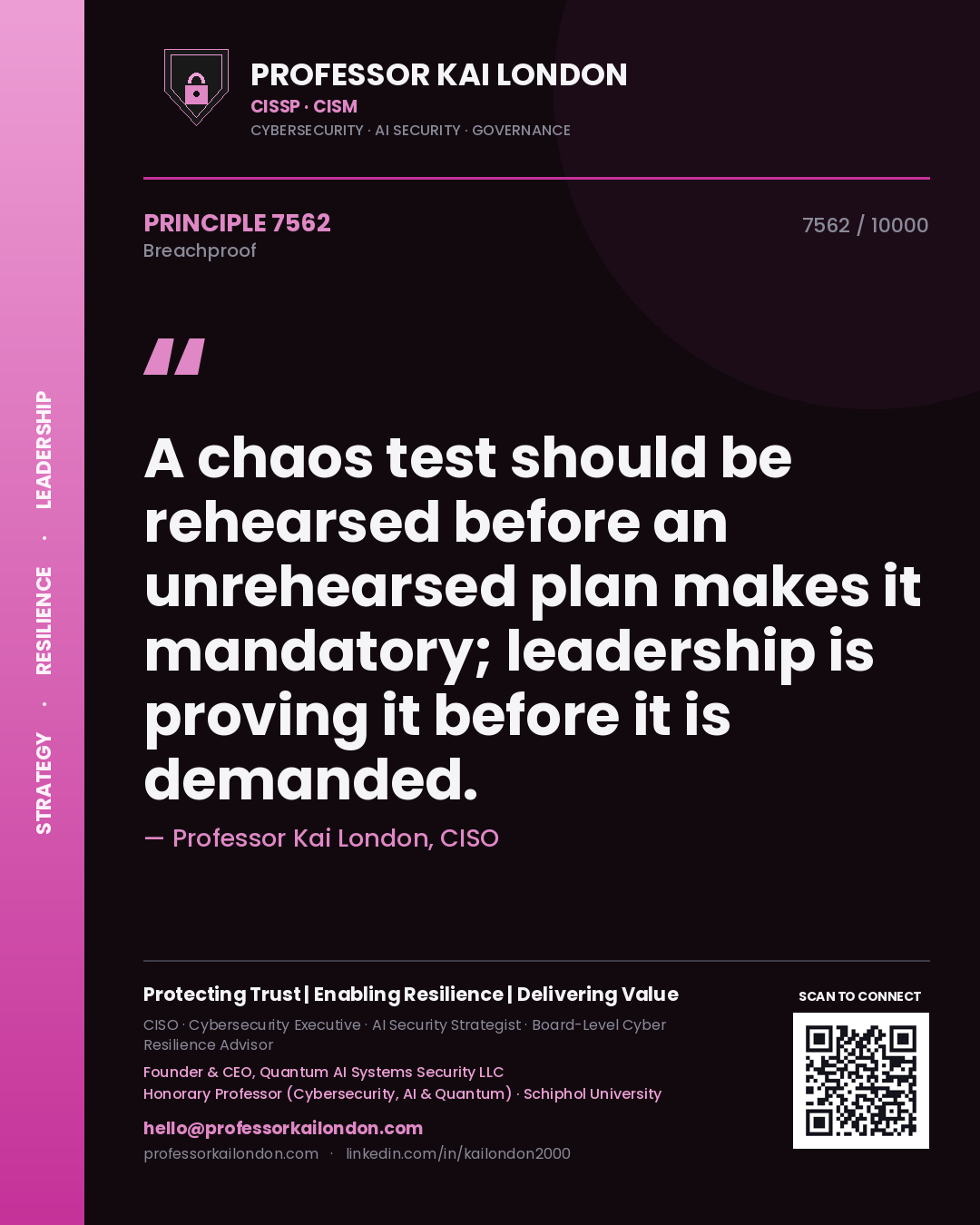 Quote card by Professor Kai London reading 'A chaos test should be rehearsed before an unrehearsed plan makes it mandatory; leadership is proving it before it is demanded.'. From the book Breachproof.