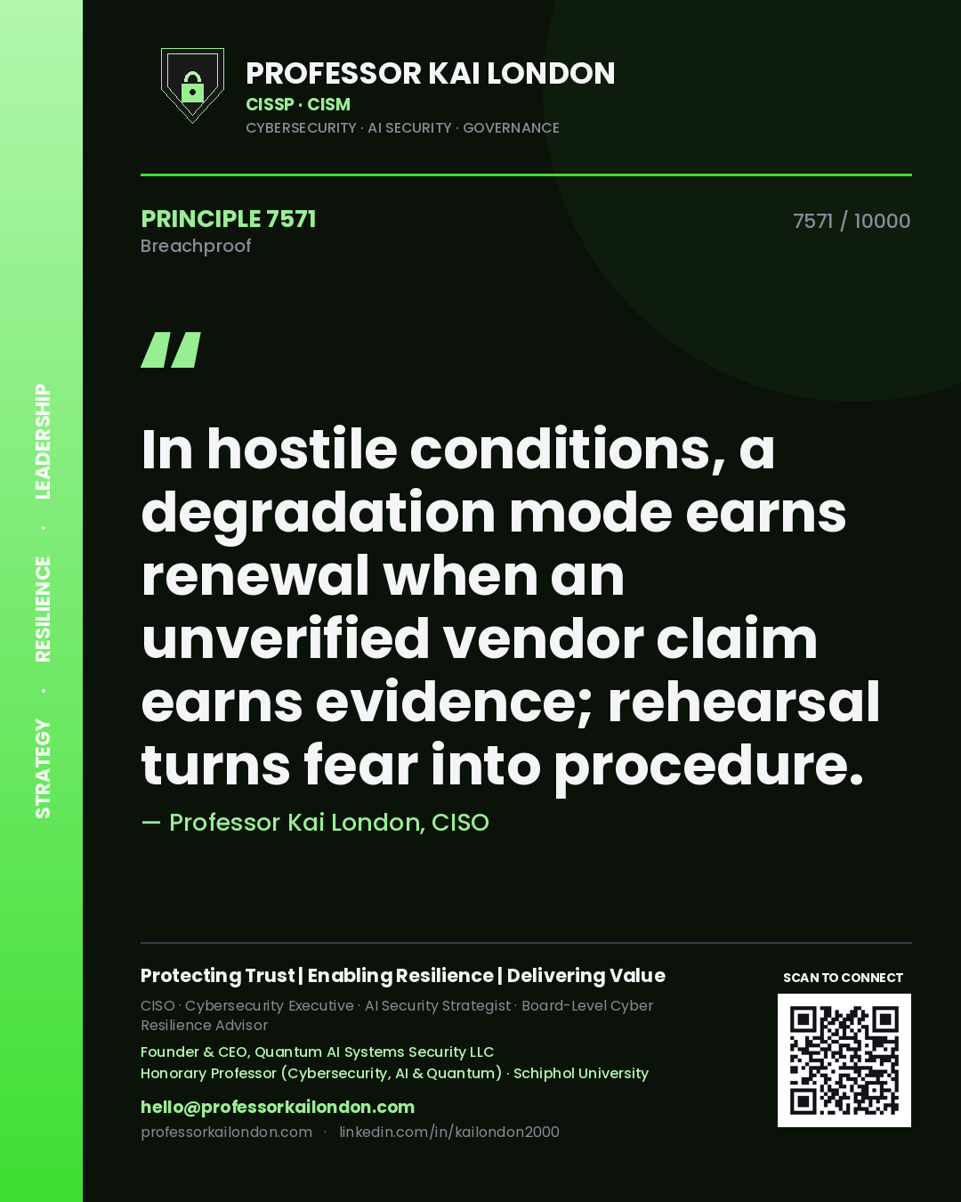 Quote card by Professor Kai London reading 'In hostile conditions, a degradation mode earns renewal when an unverified vendor claim earns evidence; rehearsal turns fear into procedure.'. From the book Breachproof.
