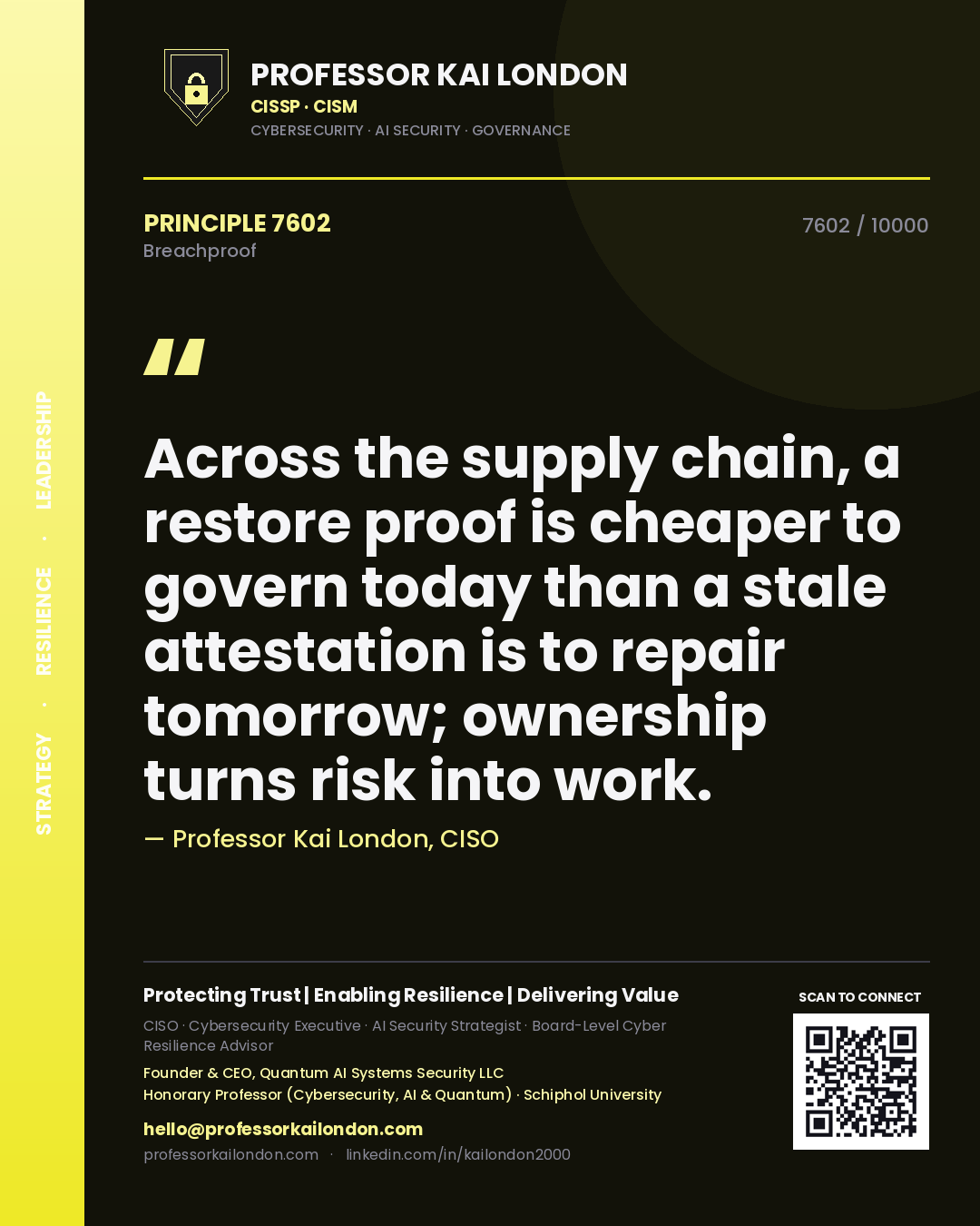 Quote card by Professor Kai London reading 'Across the supply chain, a restore proof is cheaper to govern today than a stale attestation is to repair tomorrow; ownership turns risk into work.'. From the book Breachproof.