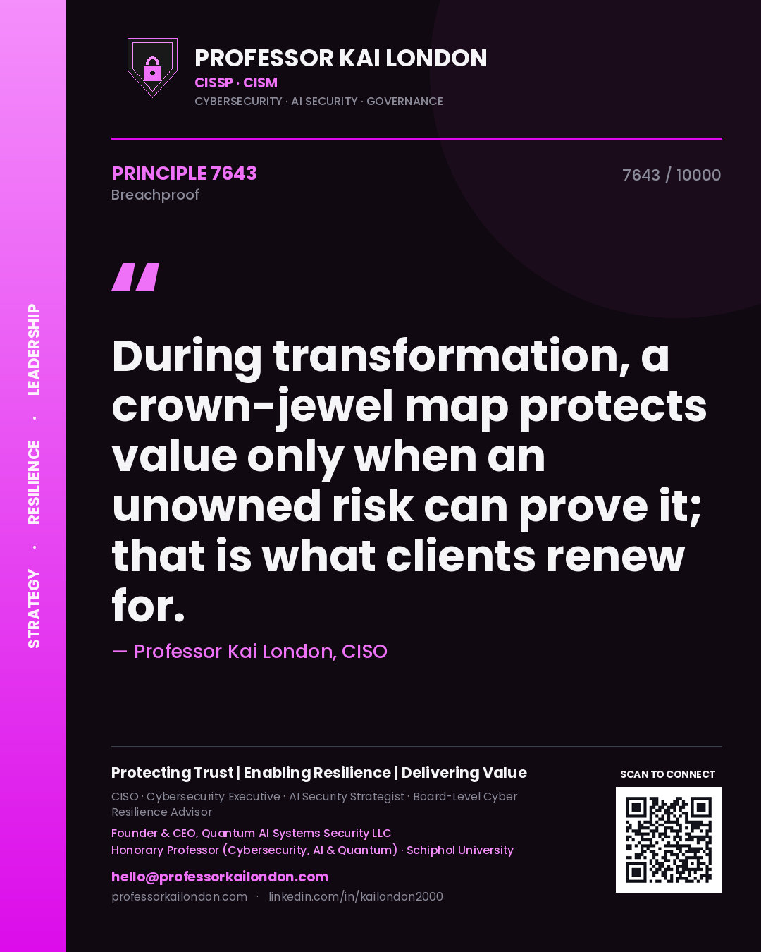 Quote card by Professor Kai London reading 'During transformation, a crown-jewel map protects value only when an unowned risk can prove it; that is what clients renew for.'. From the book Breachproof.