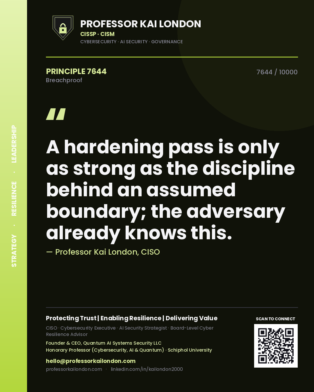 Professor Kai London principle 7644: A hardening pass is only as strong as the discipline behind an assumed boundary; the adversary already knows this.