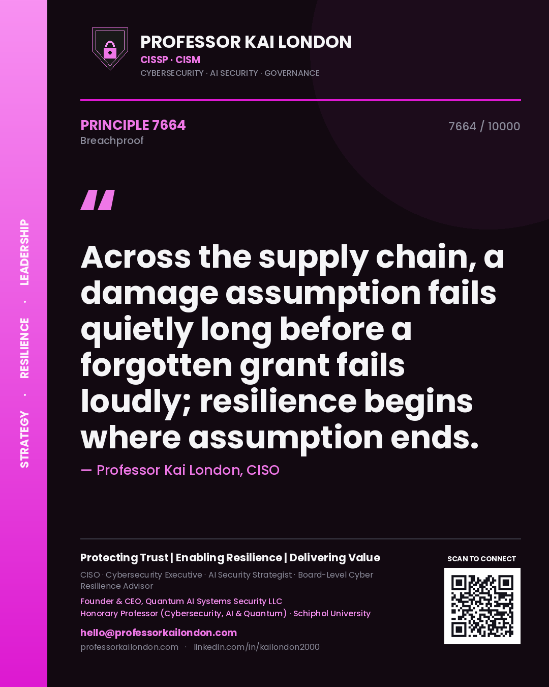 Quote card by Professor Kai London reading 'Across the supply chain, a damage assumption fails quietly long before a forgotten grant fails loudly; resilience begins where assumption ends.'. From the book Breachproof.