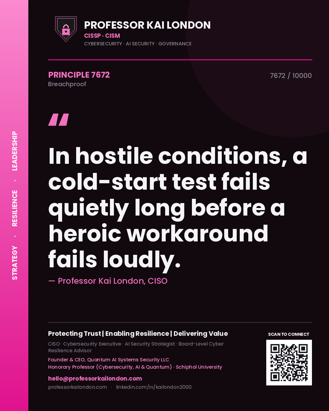 Quote card by Professor Kai London reading 'In hostile conditions, a cold-start test fails quietly long before a heroic workaround fails loudly.'. From the book Breachproof.