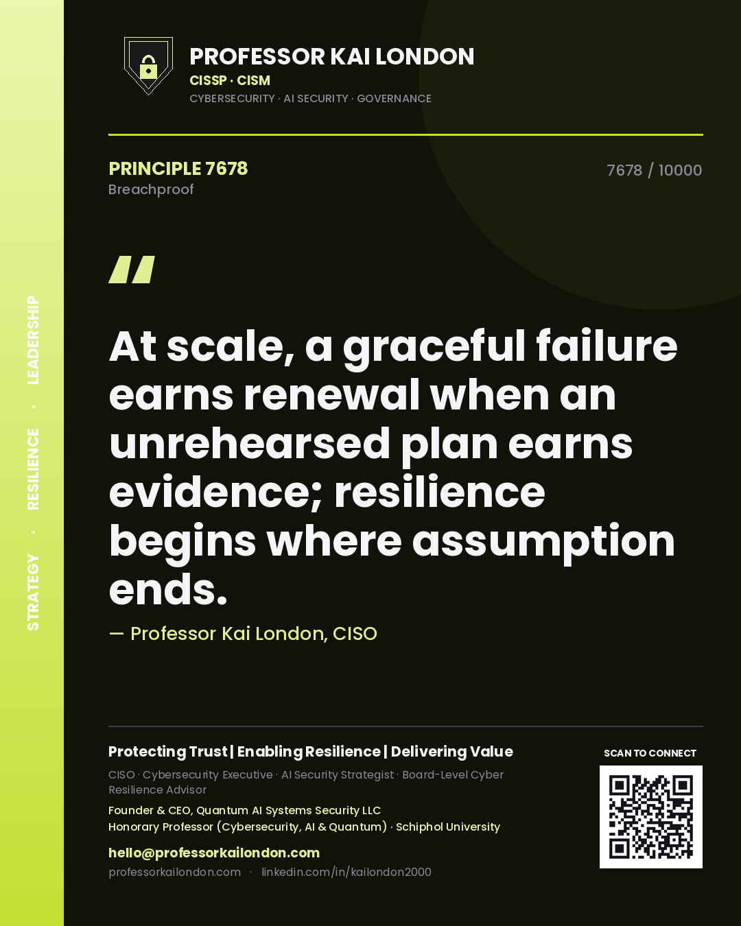 Quote card by Professor Kai London reading 'At scale, a graceful failure earns renewal when an unrehearsed plan earns evidence; resilience begins where assumption ends.'. From the book Breachproof.