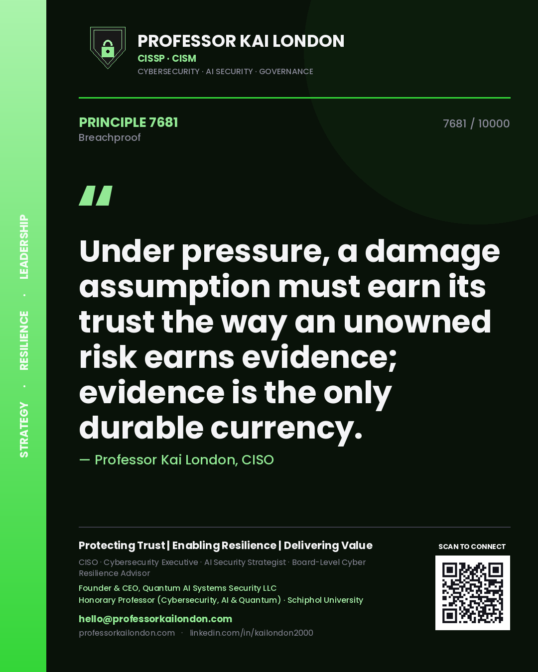 Quote card by Professor Kai London reading 'Under pressure, a damage assumption must earn its trust the way an unowned risk earns evidence; evidence is the only durable currency.'. From the book Breachproof.