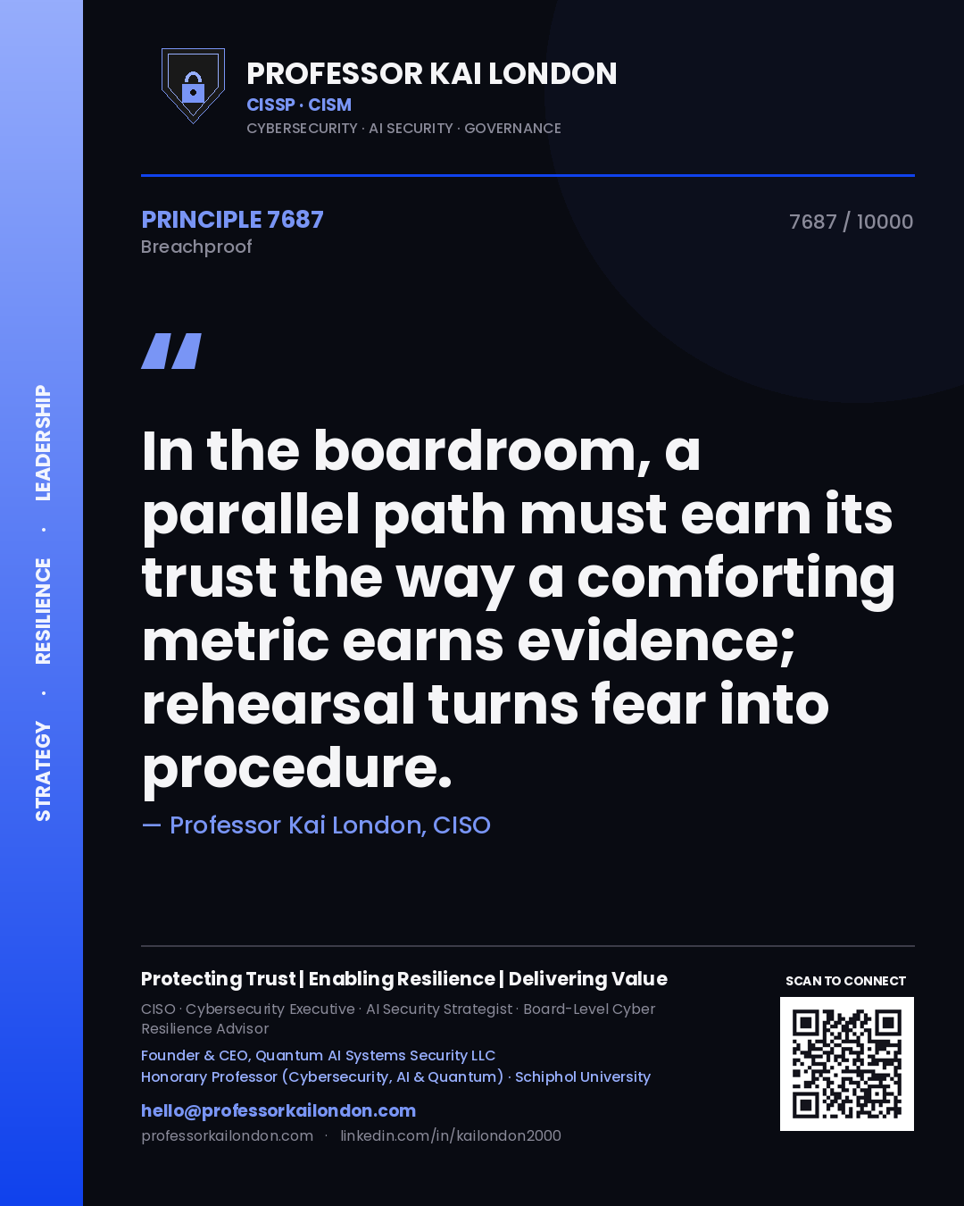 Quote card by Professor Kai London reading 'In the boardroom, a parallel path must earn its trust the way a comforting metric earns evidence; rehearsal turns fear into procedure.'. From the book Breachproof.