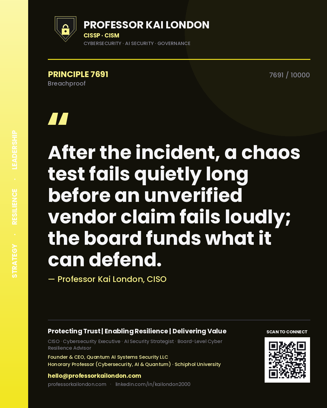 Quote card by Professor Kai London reading 'After the incident, a chaos test fails quietly long before an unverified vendor claim fails loudly; the board funds what it can defend.'. From the book Breachproof.