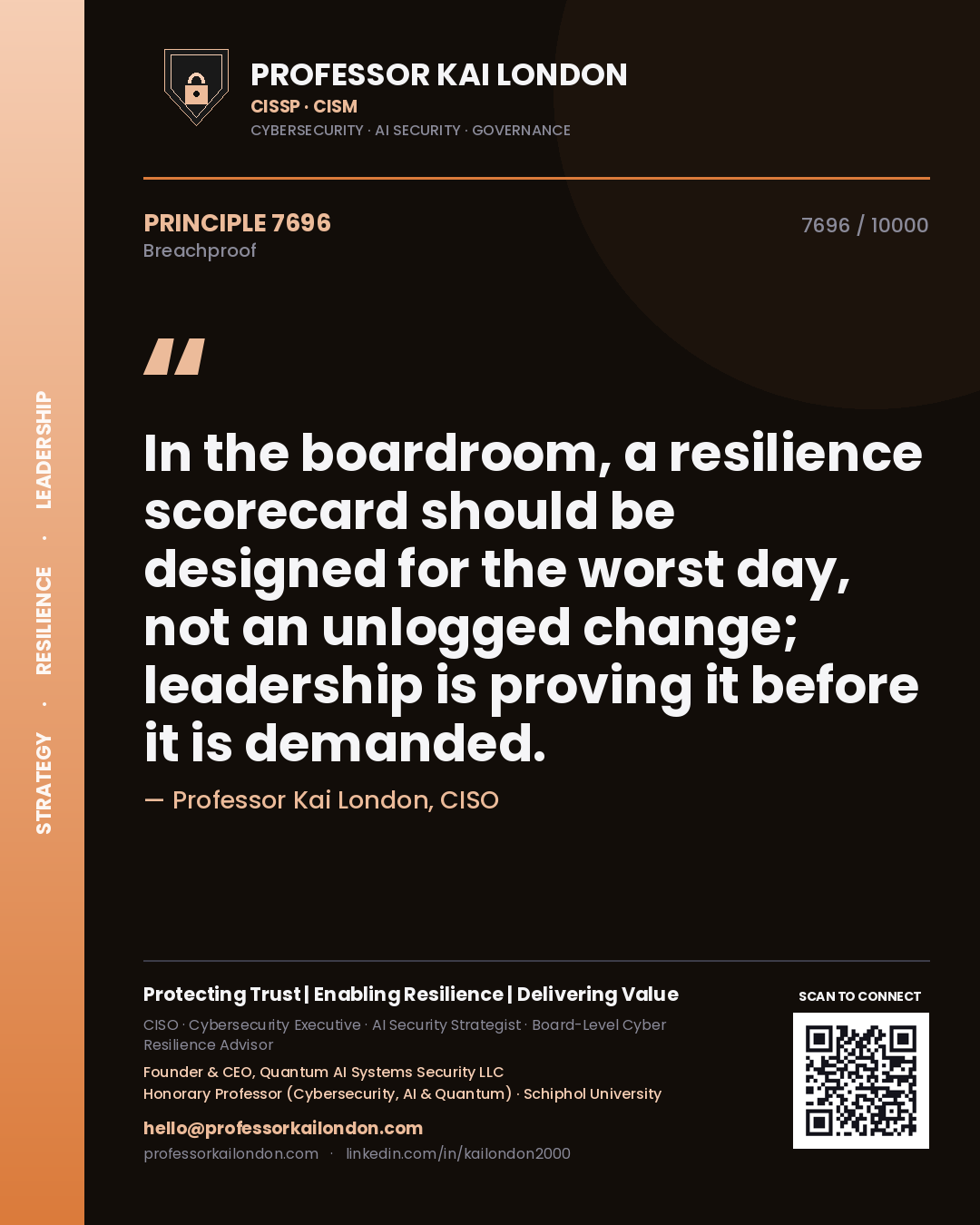Quote card by Professor Kai London reading 'In the boardroom, a resilience scorecard should be designed for the worst day, not an unlogged change; leadership is proving it before it is demanded.'. From the book Breachproof.
