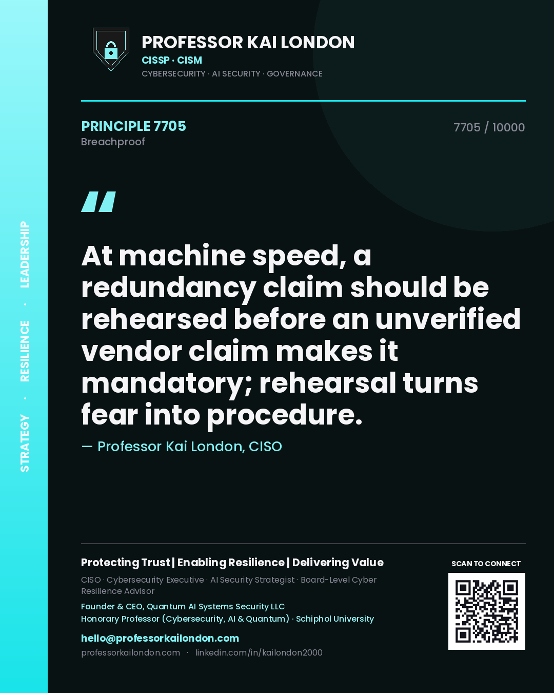Quote card by Professor Kai London reading 'At machine speed, a redundancy claim should be rehearsed before an unverified vendor claim makes it mandatory; rehearsal turns fear into procedure.'. From the book Breachproof.