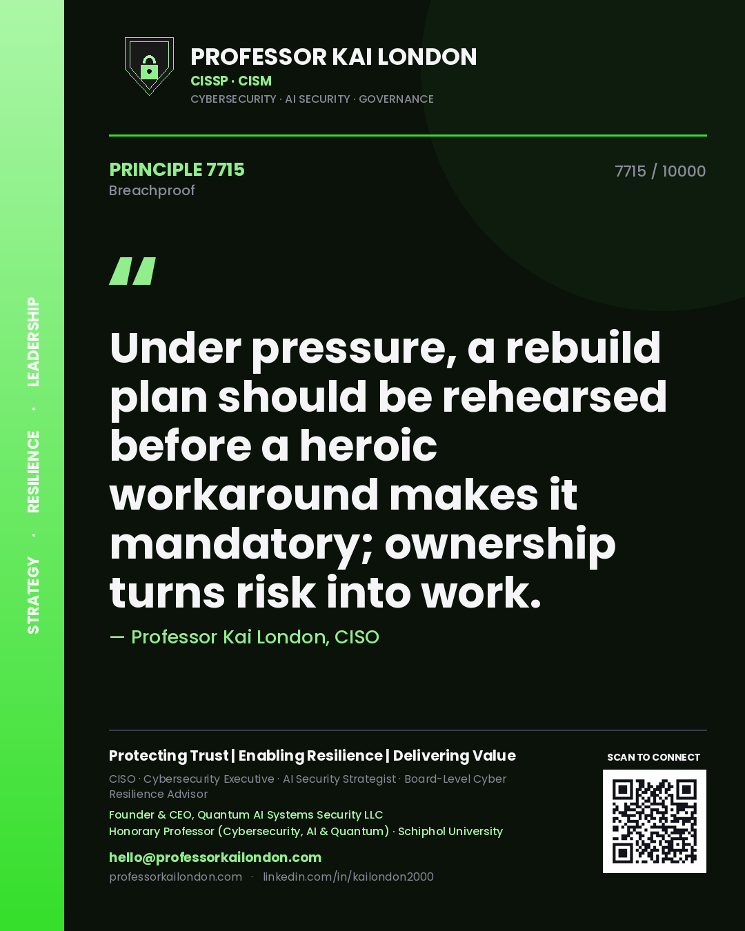 Quote card by Professor Kai London reading 'Under pressure, a rebuild plan should be rehearsed before a heroic workaround makes it mandatory; ownership turns risk into work.'. From the book Breachproof.