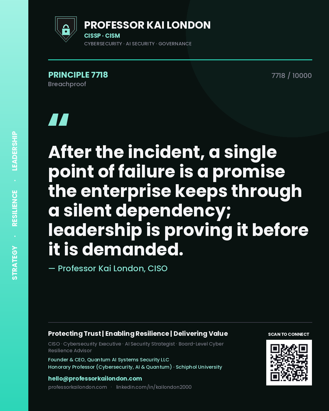 Quote card by Professor Kai London reading 'After the incident, a single point of failure is a promise the enterprise keeps through a silent dependency; leadership is proving it before it is demanded.'. From the book Breachproof.