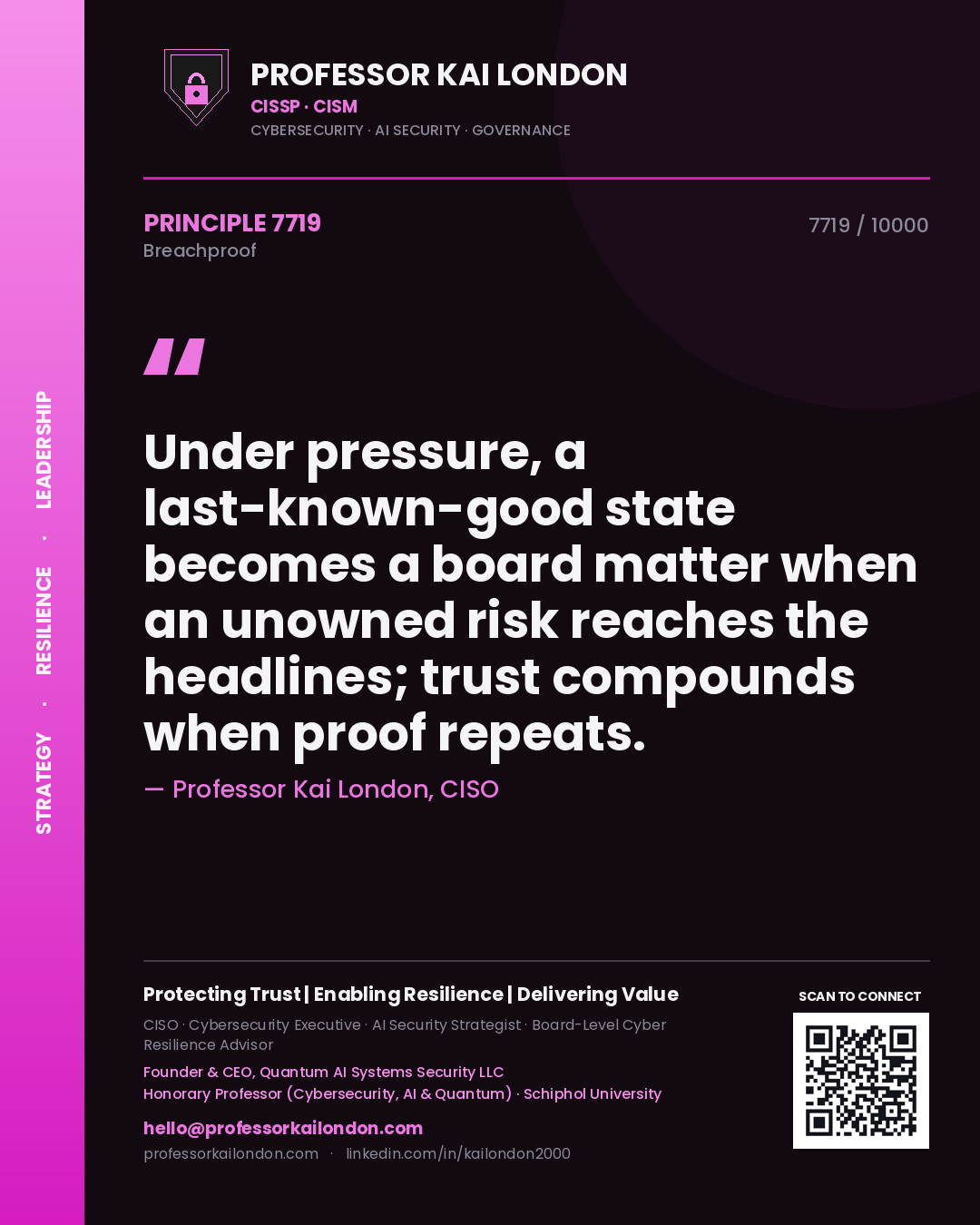 Quote card by Professor Kai London reading 'Under pressure, a last-known-good state becomes a board matter when an unowned risk reaches the headlines; trust compounds when proof repeats.'. From the book Breachproof.