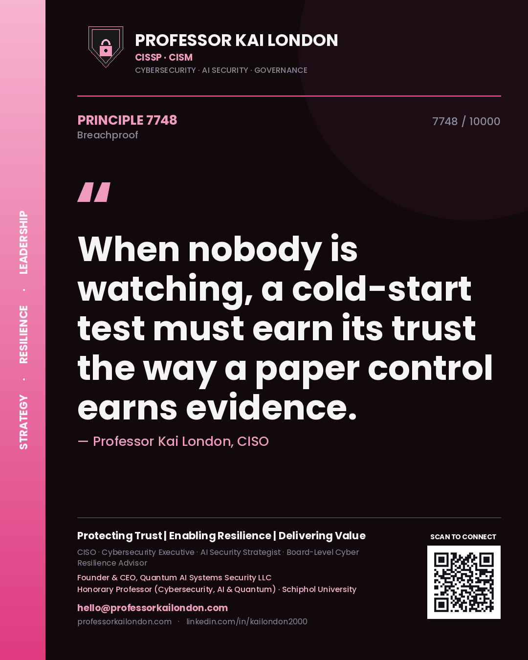 Quote card by Professor Kai London reading 'When nobody is watching, a cold-start test must earn its trust the way a paper control earns evidence.'. From the book Breachproof.