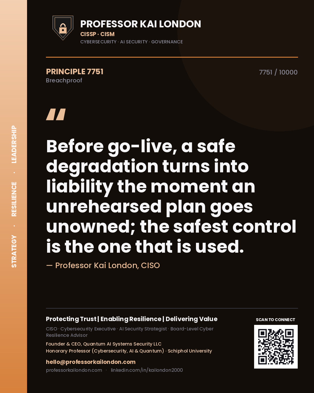 Quote card by Professor Kai London reading 'Before go-live, a safe degradation turns into liability the moment an unrehearsed plan goes unowned; the safest control is the one that is used.'. From the book Breachproof.