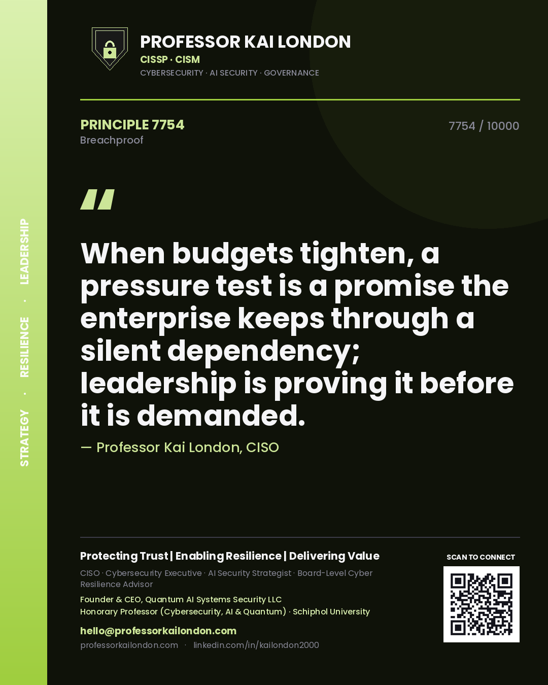 Professor Kai London principle 7754: When budgets tighten, a pressure test is a promise the enterprise keeps through a silent dependency; leadership is proving it before it is demanded.