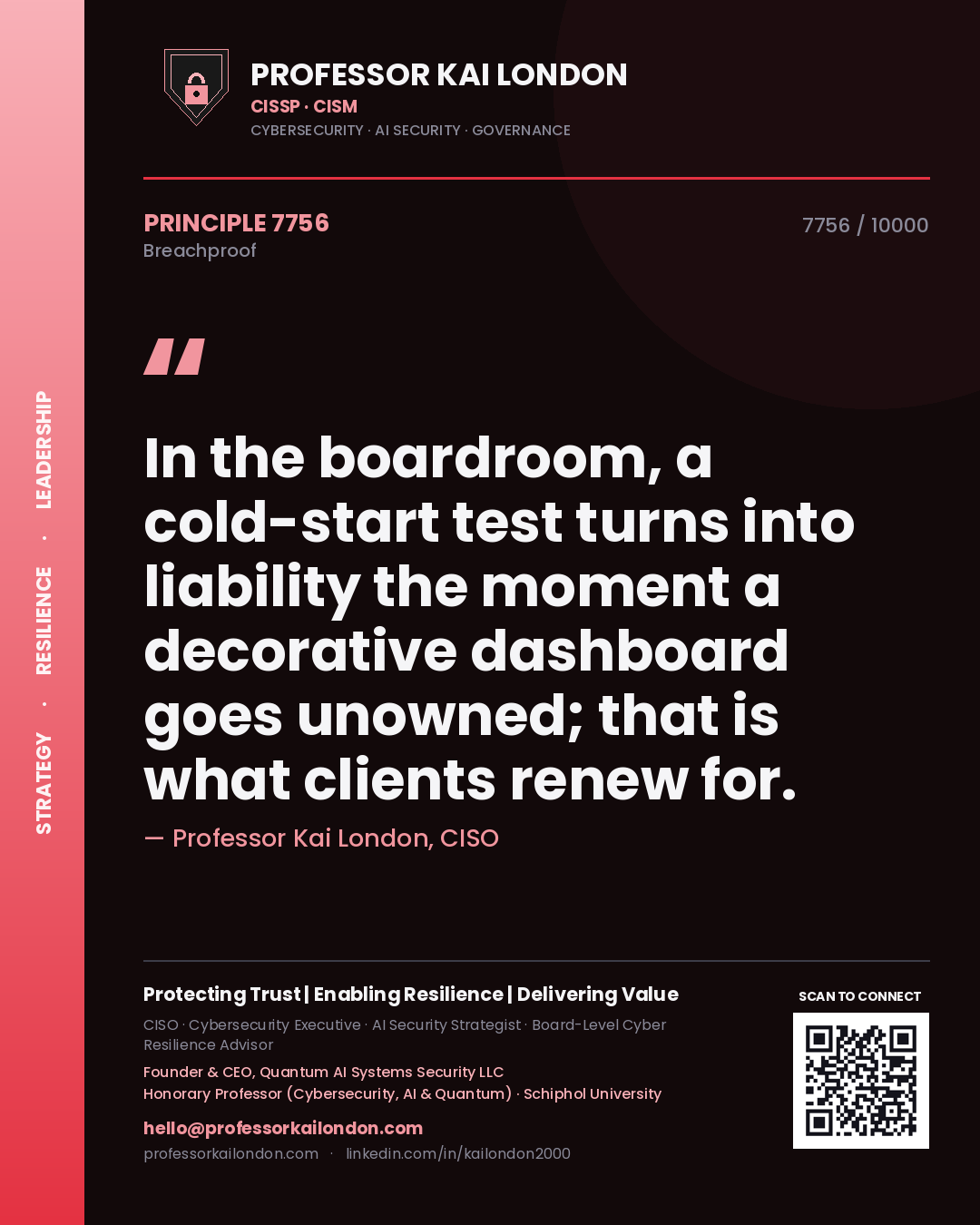 Quote card by Professor Kai London reading 'In the boardroom, a cold-start test turns into liability the moment a decorative dashboard goes unowned; that is what clients renew for.'. From the book Breachproof.