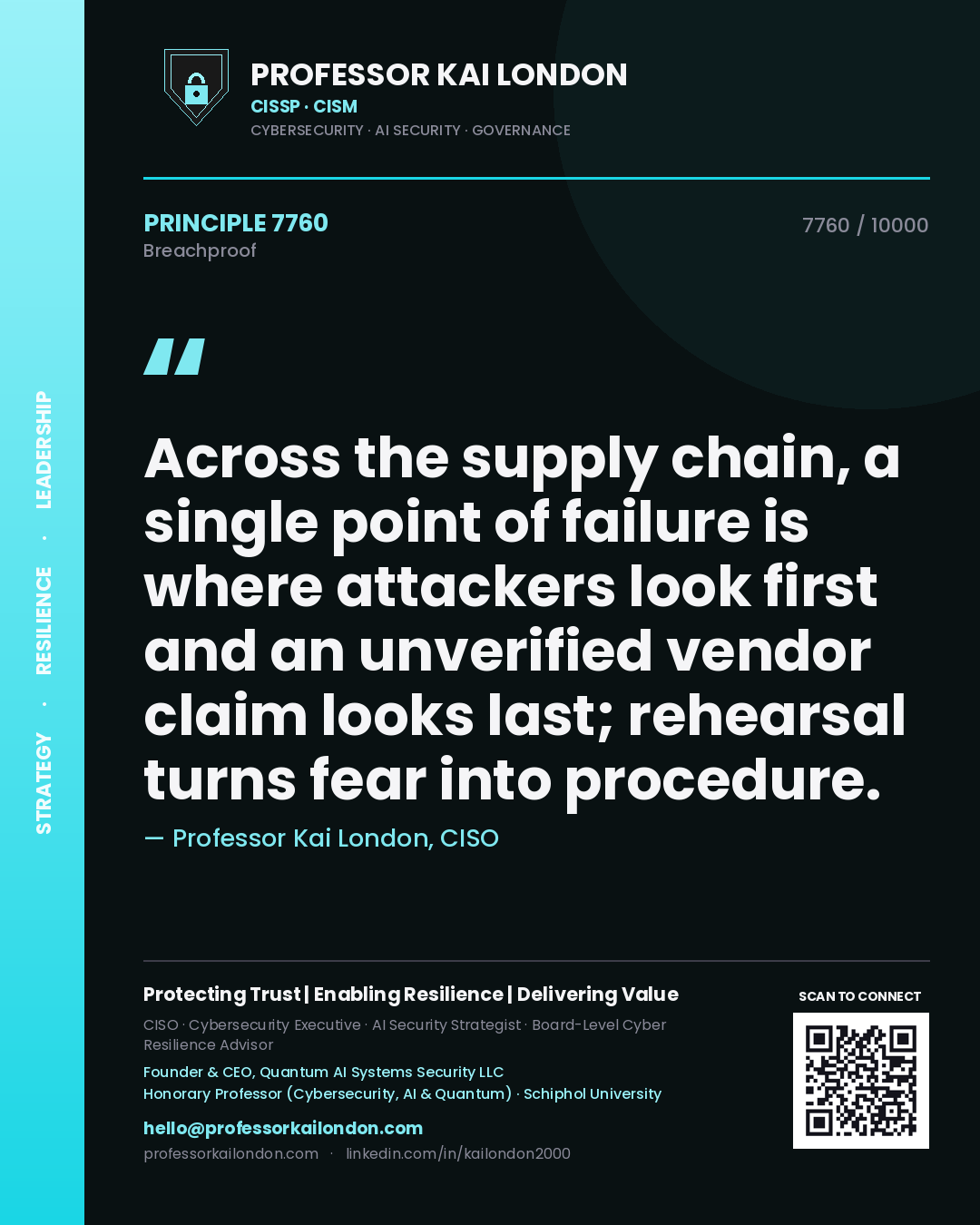 Quote card by Professor Kai London reading 'Across the supply chain, a single point of failure is where attackers look first and an unverified vendor claim looks last; rehearsal turns fear into procedure.'. From the book Breachproof.