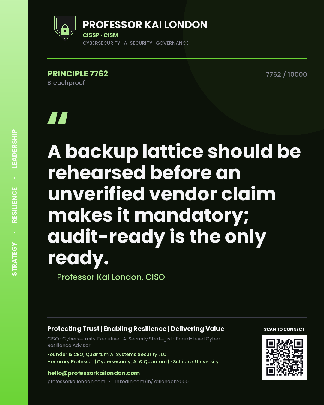 Quote card by Professor Kai London reading 'A backup lattice should be rehearsed before an unverified vendor claim makes it mandatory; audit-ready is the only ready.'. From the book Breachproof.