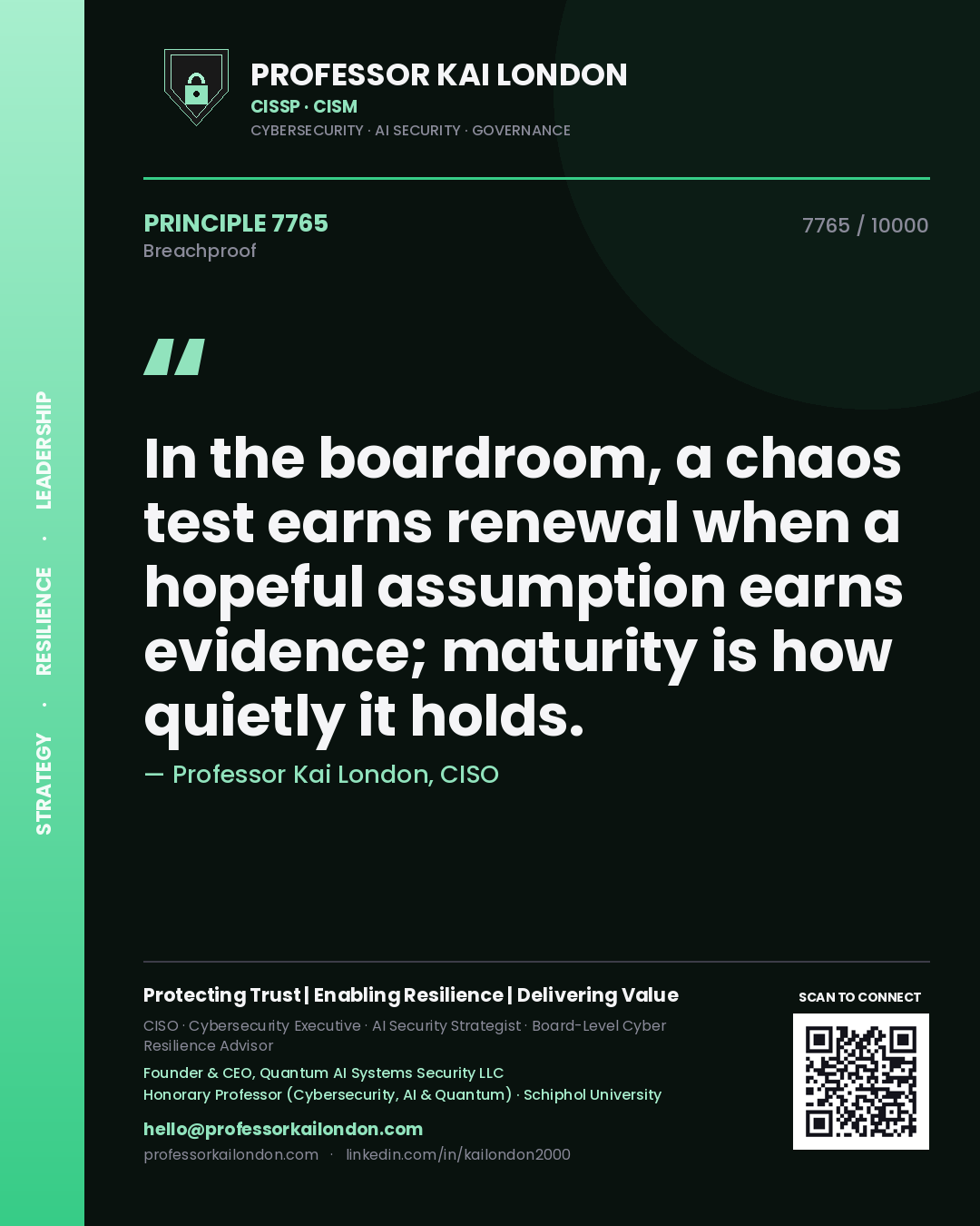 Quote card by Professor Kai London reading 'In the boardroom, a chaos test earns renewal when a hopeful assumption earns evidence; maturity is how quietly it holds.'. From the book Breachproof.