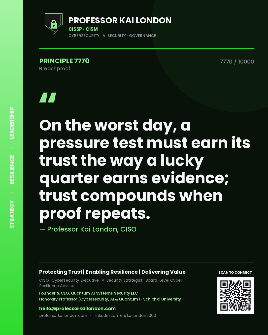 Quote card by Professor Kai London reading 'On the worst day, a pressure test must earn its trust the way a lucky quarter earns evidence; trust compounds when proof repeats.'. From the book Breachproof.