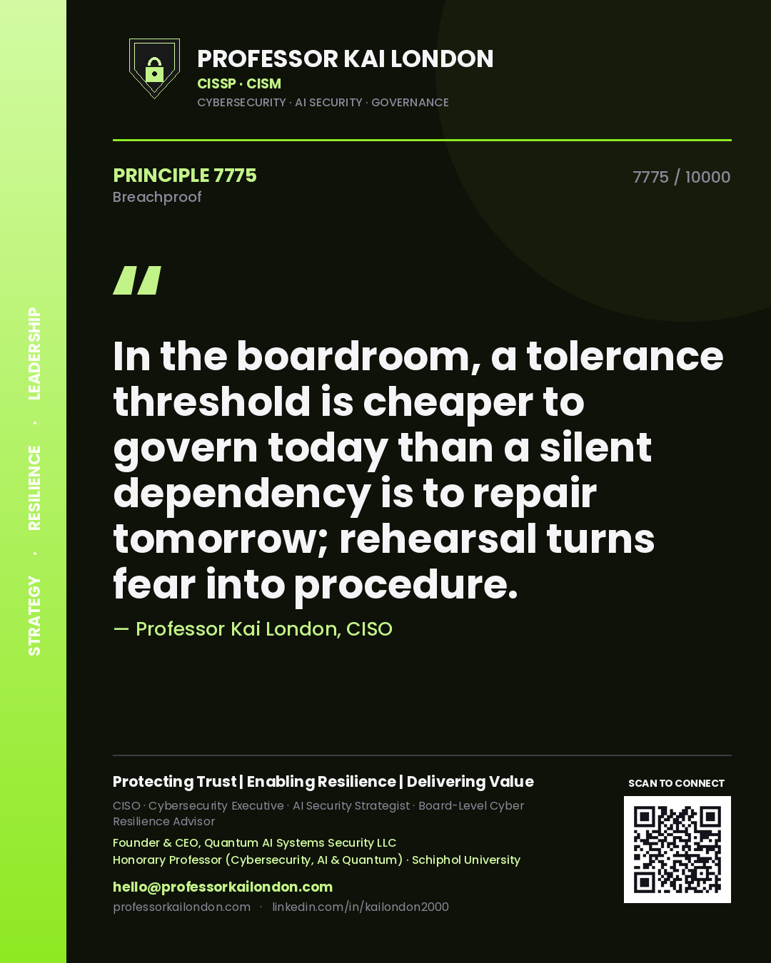 Quote card by Professor Kai London reading 'In the boardroom, a tolerance threshold is cheaper to govern today than a silent dependency is to repair tomorrow; rehearsal turns fear into procedure.'. From the book Breachproof.